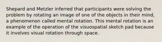 Shepard and Metzler inferred that participants were solving the problem by rotating an image of one of the objects in their mind, a phenomenon called mental rotation. This mental rotation is an example of the operation of the visuospatial sketch pad because it involves visual rotation through space.