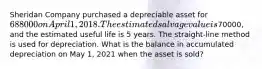 Sheridan Company purchased a depreciable asset for 688000 on April 1, 2018. The estimated salvage value is70000, and the estimated useful life is 5 years. The straight-line method is used for depreciation. What is the balance in accumulated depreciation on May 1, 2021 when the asset is sold?