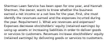 Sherman Lawn Service has been open for one​ year, and Hannah​ Sherman, the​ owner, wants to know whether the business earned a net income or a net loss for the year.​ First, she must identify the revenues earned and the expenses incurred during the year. Requirement 1. What are revenues and expenses​? Expenses decrease​ stockholders' equity​ (retained earnings) by using up assets or increasing liabilities in order to deliver goods or services to customers. Revenues increase​ stockholders' equity​ (retained earnings) by delivering goods or services to customers.