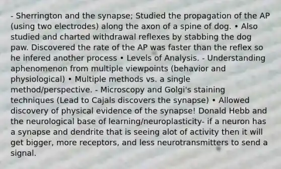 - Sherrington and the synapse; Studied the propagation of the AP (using two electrodes) along the axon of a spine of dog. • Also studied and charted withdrawal reflexes by stabbing the dog paw. Discovered the rate of the AP was faster than the reflex so he infered another process • Levels of Analysis. - Understanding aphenomenon from multiple viewpoints (behavior and physiological) • Multiple methods vs. a single method/perspective. - Microscopy and Golgi's staining techniques (Lead to Cajals discovers the synapse) • Allowed discovery of physical evidence of the synapse! Donald Hebb and the neurological base of learning/neuroplasticity- if a neuron has a synapse and dendrite that is seeing alot of activity then it will get bigger, more receptors, and less neurotransmitters to send a signal.