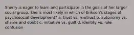 Sherry is eager to learn and participate in the goals of her larger social group. She is most likely in which of Erikson's stages of psychosocial development? a. trust vs. mistrust b. autonomy vs. shame and doubt c. initiative vs. guilt d. identity vs. role confusion