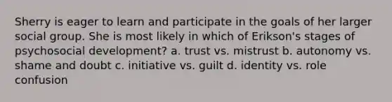 Sherry is eager to learn and participate in the goals of her larger social group. She is most likely in which of Erikson's stages of psychosocial development? a. trust vs. mistrust b. autonomy vs. shame and doubt c. initiative vs. guilt d. identity vs. role confusion