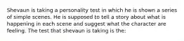 Shevaun is taking a personality test in which he is shown a series of simple scenes. He is supposed to tell a story about what is happening in each scene and suggest what the character are feeling. The test that shevaun is taking is the: