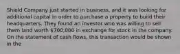 Shield Company just started in business, and it was looking for additional capital in order to purchase a property to build their headquarters. They found an investor who was willing to sell them land worth 700,000 in exchange for stock in the company. On the statement of cash flows, this transaction would be shown in the