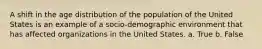 A shift in the age distribution of the population of the United States is an example of a socio-demographic environment that has affected organizations in the United States. a. True b. False