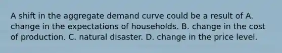 A shift in the aggregate demand curve could be a result of A. change in the expectations of households. B. change in the cost of production. C. natural disaster. D. change in the price level.