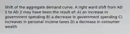 Shift of the aggregate demand curve. A right ward shift from AD 1 to AD 2 may have been the result of: A) an increase in government spending B) a decrease in government spending C) increases in personal income taxes D) a decrease in consumer wealth