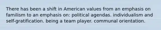 There has been a shift in American values from an emphasis on familism to an emphasis on:​ ​political agendas. ​individualism and self-gratification. ​being a <a href='https://www.questionai.com/knowledge/kblSx2zmgQ-team-player' class='anchor-knowledge'>team player</a>. ​communal orientation.