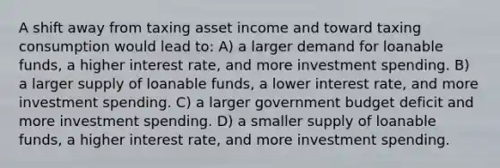 A shift away from taxing asset income and toward taxing consumption would lead to: A) a larger demand for loanable funds, a higher interest rate, and more investment spending. B) a larger supply of loanable funds, a lower interest rate, and more investment spending. C) a larger government budget deficit and more investment spending. D) a smaller supply of loanable funds, a higher interest rate, and more investment spending.