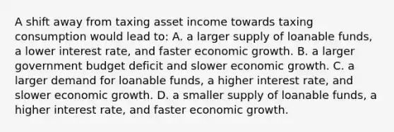 A shift away from taxing asset income towards taxing consumption would lead to: A. a larger supply of loanable funds, a lower interest rate, and faster economic growth. B. a larger government budget deficit and slower economic growth. C. a larger demand for loanable funds, a higher interest rate, and slower economic growth. D. a smaller supply of loanable funds, a higher interest rate, and faster economic growth.