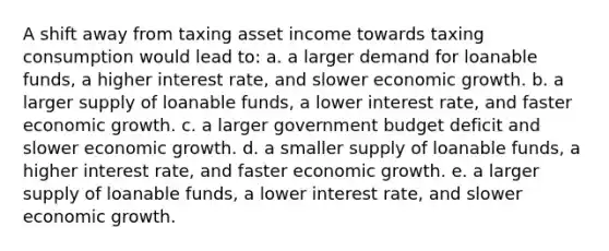 A shift away from taxing asset income towards taxing consumption would lead to: a. a larger demand for loanable funds, a higher interest rate, and slower economic growth. b. a larger supply of loanable funds, a lower interest rate, and faster economic growth. c. a larger government budget deficit and slower economic growth. d. a smaller supply of loanable funds, a higher interest rate, and faster economic growth. e. a larger supply of loanable funds, a lower interest rate, and slower economic growth.