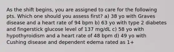 As the shift begins, you are assigned to care for the following pts. Which one should you assess first? a) 38 yo with Graves disease and a heart rate of 94 bpm b) 63 yo with type 2 diabetes and fingerstick glucose level of 137 mg/dL c) 58 yo with hypothyroidism and a heart rate of 48 bpm d) 49 yo with Cushing disease and dependent edema rated as 1+