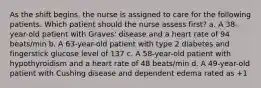 As the shift begins, the nurse is assigned to care for the following patients. Which patient should the nurse assess first? a. A 38-year-old patient with Graves' disease and a heart rate of 94 beats/min b. A 63-year-old patient with type 2 diabetes and fingerstick glucose level of 137 c. A 58-year-old patient with hypothyroidism and a heart rate of 48 beats/min d. A 49-year-old patient with Cushing disease and dependent edema rated as +1