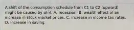 A shift of the consumption schedule from C1 to C2 (upward) might be caused by a(n): A. recession. B. wealth effect of an increase in stock market prices. C. increase in income tax rates. D. increase in saving.