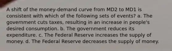 A shift of the money-demand curve from MD2 to MD1 is consistent with which of the following sets of events? a. The government cuts taxes, resulting in an increase in people's desired consumption. b. The government reduces its expenditure. c. The Federal Reserve increases the supply of money. d. The Federal Reserve decreases the supply of money.