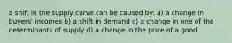 a shift in the supply curve can be caused by: a) a change in buyers' incomes b) a shift in demand c) a change in one of the determinants of supply d) a change in the price of a good