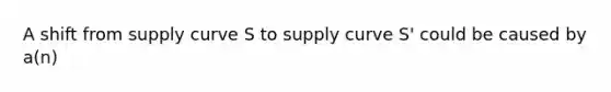 A shift from supply curve S to supply curve S' could be caused by a(n)