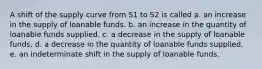 A shift of the supply curve from S1 to S2 is called a. an increase in the supply of loanable funds. b. an increase in the quantity of loanable funds supplied. c. a decrease in the supply of loanable funds. d. a decrease in the quantity of loanable funds supplied. e. an indeterminate shift in the supply of loanable funds.