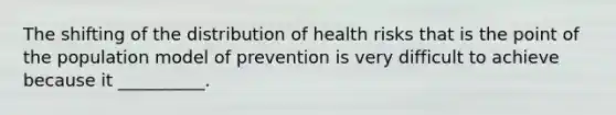 The shifting of the distribution of health risks that is the point of the population model of prevention is very difficult to achieve because it __________.