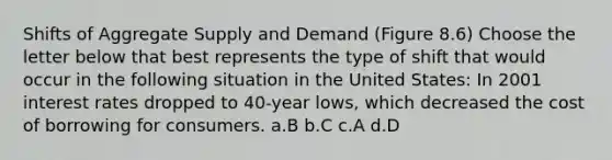 Shifts of Aggregate Supply and Demand (Figure 8.6) Choose the letter below that best represents the type of shift that would occur in the following situation in the United States: In 2001 interest rates dropped to 40-year lows, which decreased the cost of borrowing for consumers. a.B b.C c.A d.D