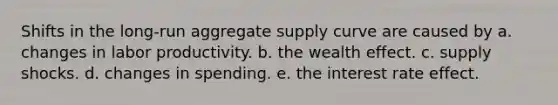 Shifts in the long-run aggregate supply curve are caused by a. changes in labor productivity. b. the wealth effect. c. supply shocks. d. changes in spending. e. the interest rate effect.