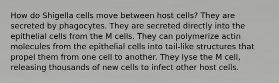 How do Shigella cells move between host cells? They are secreted by phagocytes. They are secreted directly into the epithelial cells from the M cells. They can polymerize actin molecules from the epithelial cells into tail-like structures that propel them from one cell to another. They lyse the M cell, releasing thousands of new cells to infect other host cells.