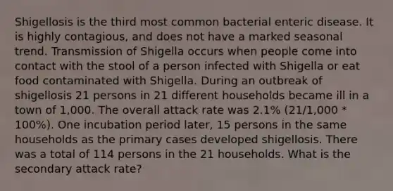 Shigellosis is the third most common bacterial enteric disease. It is highly contagious, and does not have a marked seasonal trend. Transmission of Shigella occurs when people come into contact with the stool of a person infected with Shigella or eat food contaminated with Shigella. During an outbreak of shigellosis 21 persons in 21 different households became ill in a town of 1,000. The overall attack rate was 2.1% (21/1,000 * 100%). One incubation period later, 15 persons in the same households as the primary cases developed shigellosis. There was a total of 114 persons in the 21 households. What is the secondary attack rate?