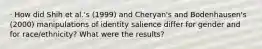 · How did Shih et al.'s (1999) and Cheryan's and Bodenhausen's (2000) manipulations of identity salience differ for gender and for race/ethnicity? What were the results?