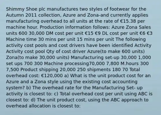 Shimmy Shoe plc manufactures two styles of footwear for the Autumn 2011 collection, Azure and Zona-and currently applies manufacturing overhead to all units at the rate of €15.38 per machine hour. Production information follows: Azure Zona Sales units 600 30,000 DM cost per unit €15 €9 DL cost per unit €6 €3 Machine time 30 mins per unit 15 mins per unit The following activity cost pools and cost drivers have been identified Activity Activity cost pool Qty of cost driver Azure(to make 600 units) Zona(to make 30,000 units) Manufacturing set-up 30,000 1,000 set ups 700 300 Machine processing70,000 7,800 M.hours 300 7,500 Product shipping 20,000 250 shipments 180 70 Total overhead cost: €120,000 a) What is the unit product cost for an Azure and a Zona style using the existing cost accounting system? b) The overhead rate for the Manufacturing Set- up activity is closest to: c) Total overhead cost per unit using ABC is closest to: d) The unit product cost, using the ABC approach to overhead allocation is closest to: