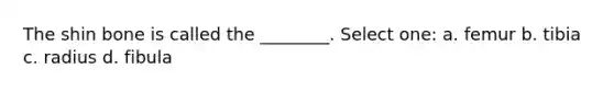 The shin bone is called the ________. Select one: a. femur b. tibia c. radius d. fibula