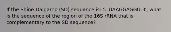 If the Shine-Dalgarno (SD) sequence is: 5′-UAAGGAGGU-3′, what is the sequence of the region of the 16S rRNA that is complementary to the SD sequence?