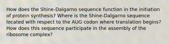 How does the Shine-Dalgarno sequence function in the initiation of protein synthesis? Where is the Shine-Dalgarno sequence located with respect to the AUG codon where translation begins? How does this sequence participate in the assembly of the ribosome complex?