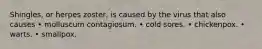 Shingles, or herpes zoster, is caused by the virus that also causes • molluscum contagiosum. • cold sores. • chickenpox. • warts. • smallpox.