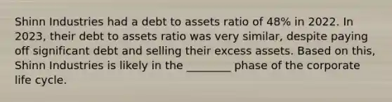 Shinn Industries had a debt to assets ratio of 48% in 2022. In 2023, their debt to assets ratio was very similar, despite paying off significant debt and selling their excess assets. Based on this, Shinn Industries is likely in the ________ phase of the corporate life cycle.