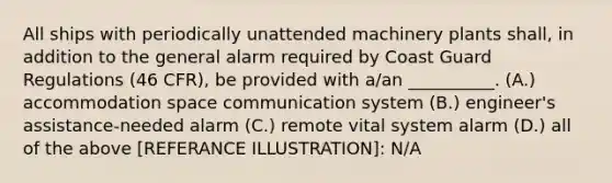 All ships with periodically unattended machinery plants shall, in addition to the general alarm required by Coast Guard Regulations (46 CFR), be provided with a/an __________. (A.) accommodation space communication system (B.) engineer's assistance-needed alarm (C.) remote vital system alarm (D.) all of the above [REFERANCE ILLUSTRATION]: N/A