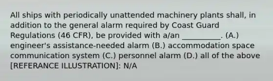 All ships with periodically unattended machinery plants shall, in addition to the general alarm required by Coast Guard Regulations (46 CFR), be provided with a/an __________. (A.) engineer's assistance-needed alarm (B.) accommodation space communication system (C.) personnel alarm (D.) all of the above [REFERANCE ILLUSTRATION]: N/A