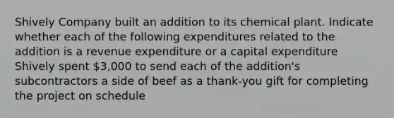 Shively Company built an addition to its chemical plant. Indicate whether each of the following expenditures related to the addition is a revenue expenditure or a capital expenditure Shively spent 3,000 to send each of the addition's subcontractors a side of beef as a thank-you gift for completing the project on schedule