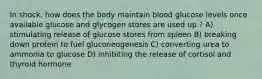 In shock, how does the body maintain blood glucose levels once available glucose and glycogen stores are used up ? A) stimulating release of glucose stores from spleen B) breaking down protein to fuel gluconeogenesis C) converting urea to ammonia to glucose D) inhibiting the release of cortisol and thyroid hormone