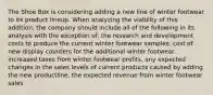 The Shoe Box is considering adding a new line of winter footwear to its product lineup. When analyzing the viability of this addition, the company should include all of the following in its analysis with the exception of: the research and development costs to produce the current winter footwear samples. cost of new display counters for the additional winter footwear. increased taxes from winter footwear profits. any expected changes in the sales levels of current products caused by adding the new productline. the expected revenue from winter footwear sales