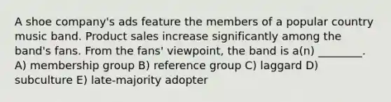 A shoe company's ads feature the members of a popular country music band. Product sales increase significantly among the band's fans. From the fans' viewpoint, the band is a(n) ________. A) membership group B) reference group C) laggard D) subculture E) late-majority adopter