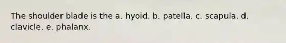 The shoulder blade is the a. hyoid. b. patella. c. scapula. d. clavicle. e. phalanx.