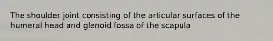 The shoulder joint consisting of the articular surfaces of the humeral head and glenoid fossa of the scapula