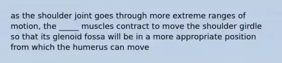 as the shoulder joint goes through more extreme ranges of motion, the _____ muscles contract to move the shoulder girdle so that its glenoid fossa will be in a more appropriate position from which the humerus can move