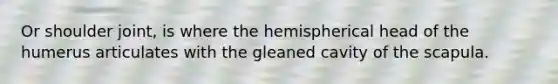 Or shoulder joint, is where the hemispherical head of the humerus articulates with the gleaned cavity of the scapula.