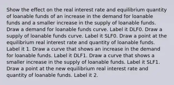 Show the effect on the real interest rate and equilibrium quantity of loanable funds of an increase in the demand for loanable funds and a smaller increase in the supply of loanable funds. Draw a demand for loanable funds curve. Label it DLF0. Draw a supply of loanable funds curve. Label it SLF0. Draw a point at the equilibrium real interest rate and quantity of loanable funds. Label it 1. Draw a curve that shows an increase in the demand for loanable funds. Label it DLF1. Draw a curve that shows a smaller increase in the supply of loanable funds. Label it SLF1. Draw a point at the new equilibrium real interest rate and quantity of loanable funds. Label it 2.