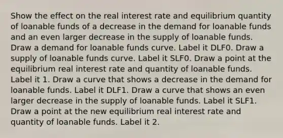 Show the effect on the real interest rate and equilibrium quantity of loanable funds of a decrease in the demand for loanable funds and an even larger decrease in the supply of loanable funds. Draw a demand for loanable funds curve. Label it DLF0. Draw a supply of loanable funds curve. Label it SLF0. Draw a point at the equilibrium real interest rate and quantity of loanable funds. Label it 1. Draw a curve that shows a decrease in the demand for loanable funds. Label it DLF1. Draw a curve that shows an even larger decrease in the supply of loanable funds. Label it SLF1. Draw a point at the new equilibrium real interest rate and quantity of loanable funds. Label it 2.