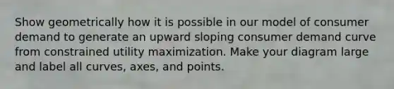 Show geometrically how it is possible in our model of consumer demand to generate an upward sloping consumer demand curve from constrained utility maximization. Make your diagram large and label all curves, axes, and points.