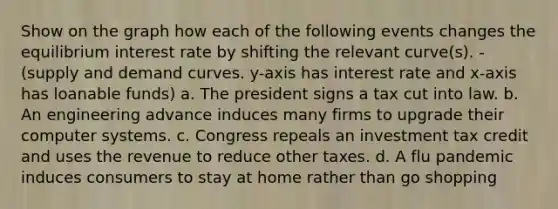 Show on the graph how each of the following events changes the equilibrium interest rate by shifting the relevant curve(s). - (supply and demand curves. y-axis has interest rate and x-axis has loanable funds) a. The president signs a tax cut into law. b. An engineering advance induces many firms to upgrade their computer systems. c. Congress repeals an investment tax credit and uses the revenue to reduce other taxes. d. A flu pandemic induces consumers to stay at home rather than go shopping