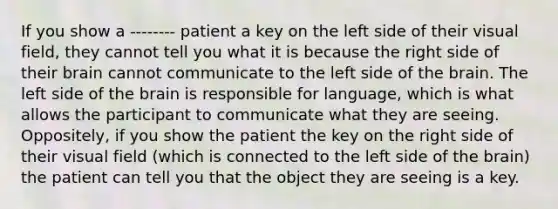 If you show a -------- patient a key on the left side of their visual field, they cannot tell you what it is because the right side of their brain cannot communicate to the left side of the brain. The left side of the brain is responsible for language, which is what allows the participant to communicate what they are seeing. Oppositely, if you show the patient the key on the right side of their visual field (which is connected to the left side of the brain) the patient can tell you that the object they are seeing is a key.