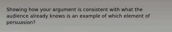 Showing how your argument is consistent with what the audience already knows is an example of which element of persuasion?